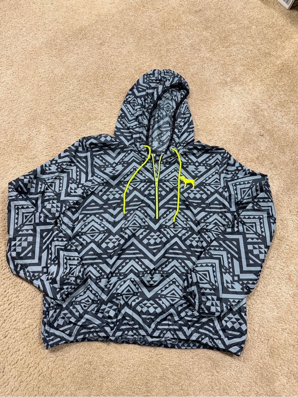Women’s Gray Aztec Print Hooded Anorak Pullover with Neon Accents (rain repel)